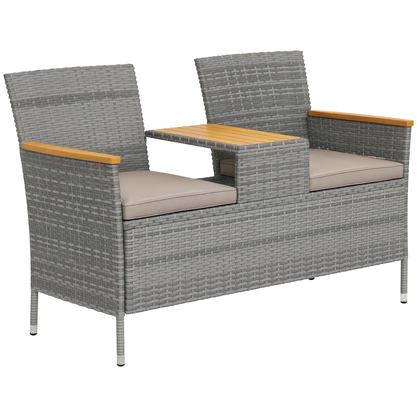 Rattan Garden Bench w/ Wood Top Table, Wicker Chair w/ Cushions, Grey