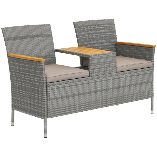 Rattan Garden Bench w/ Wood Top Table, Wicker Chair w/ Cushions, Grey