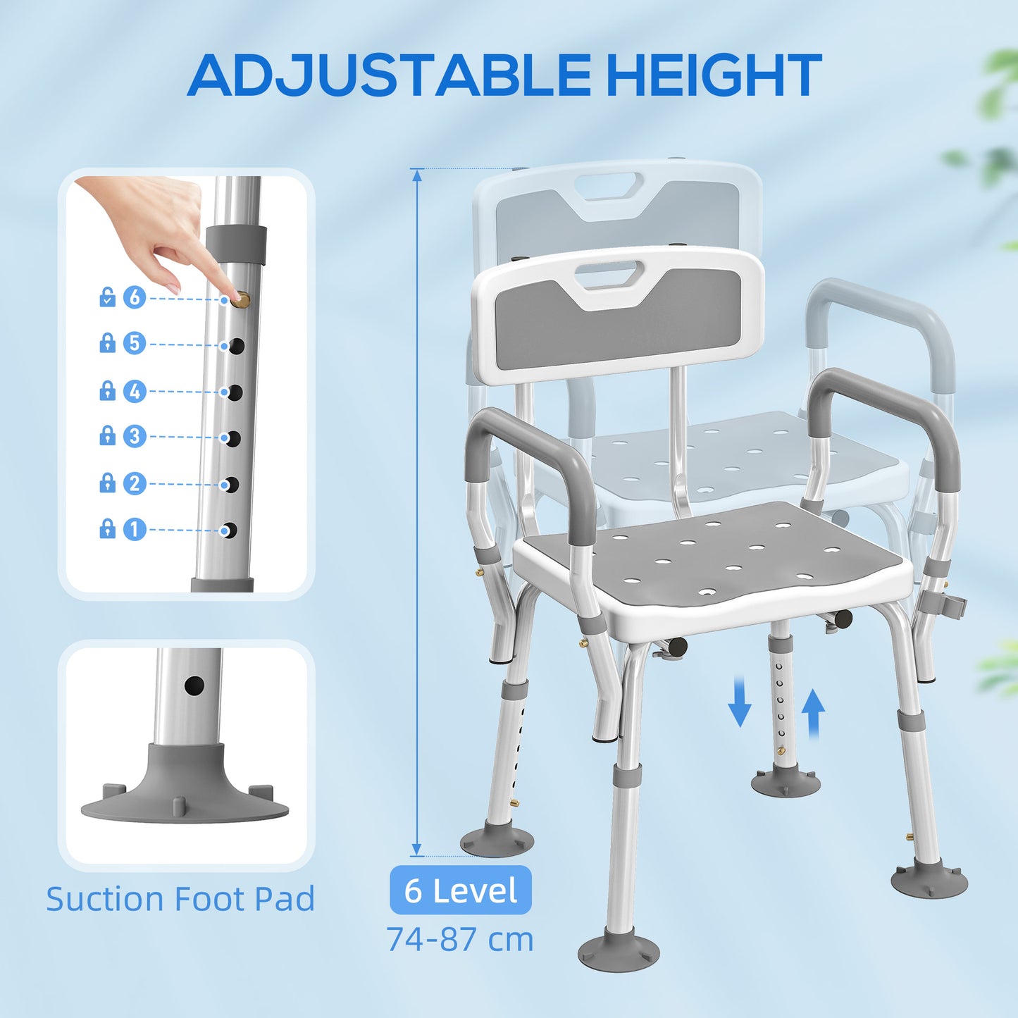 Padded Shower Stool with Arms and Back, 4 Suction Foot Pads, Grey