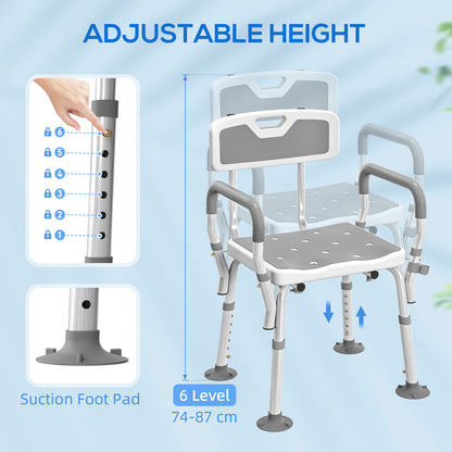 Padded Shower Stool with Arms and Back, 4 Suction Foot Pads, Grey