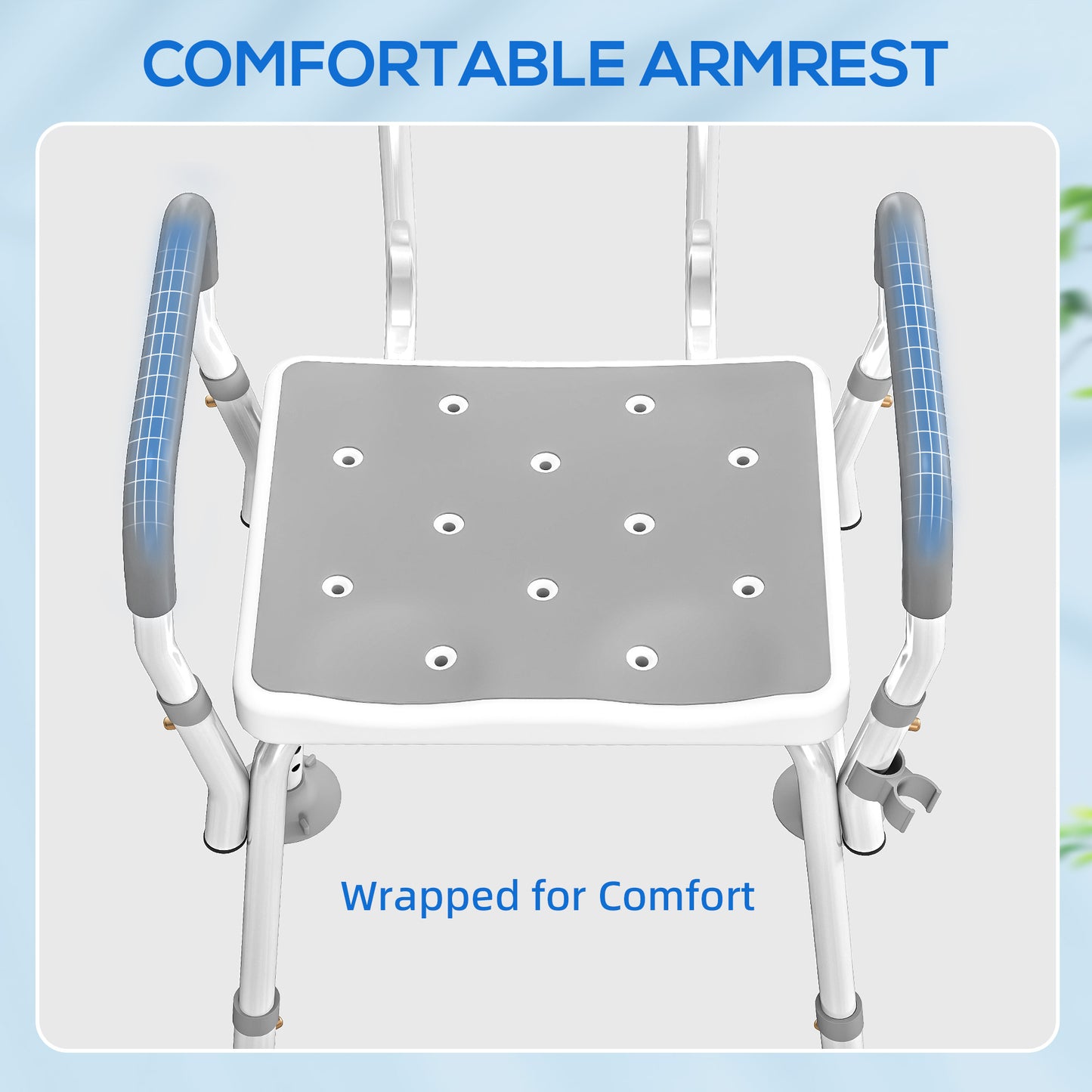 Padded Shower Stool with Arms and Back, 4 Suction Foot Pads, Grey