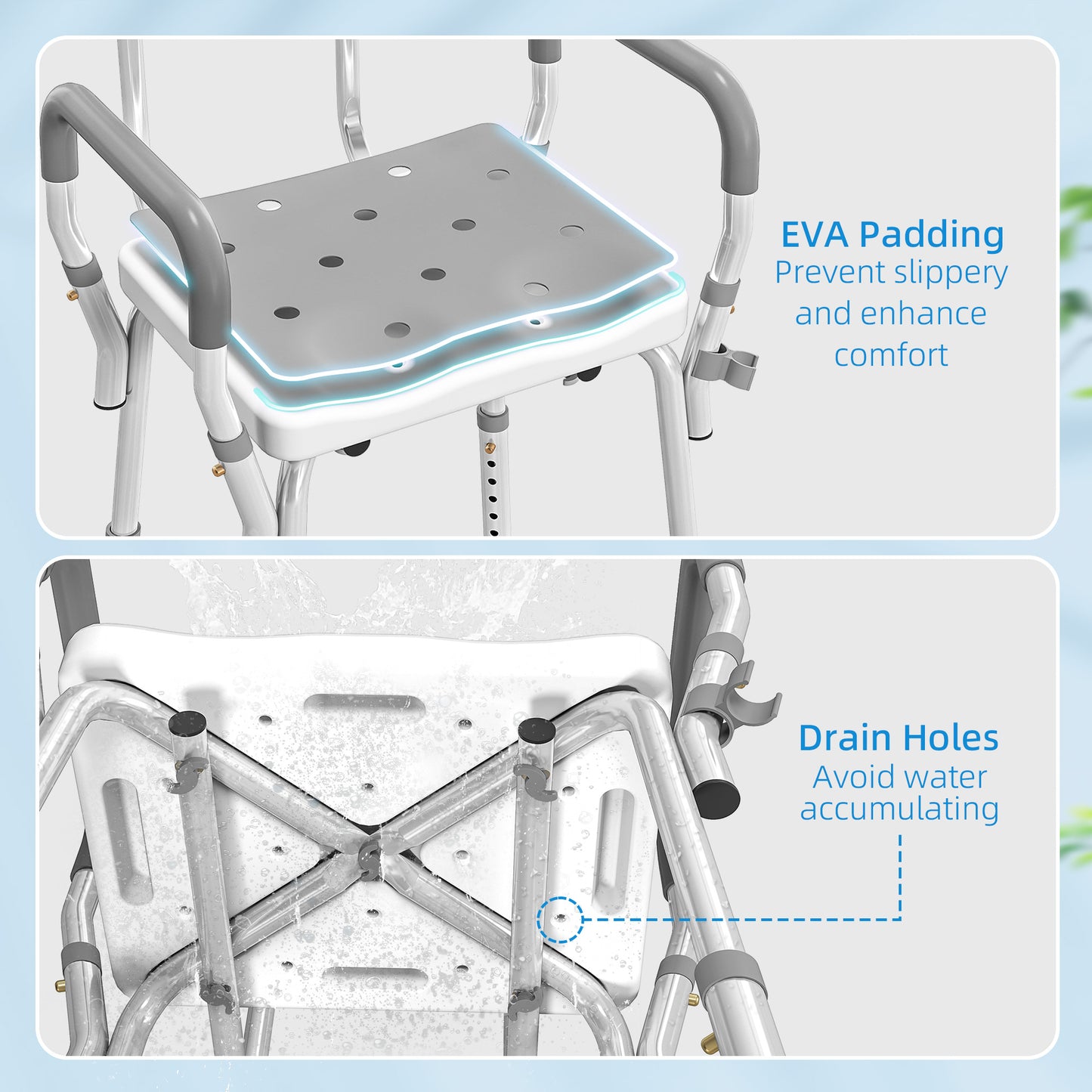 Padded Shower Stool with Arms and Back, 4 Suction Foot Pads, Grey