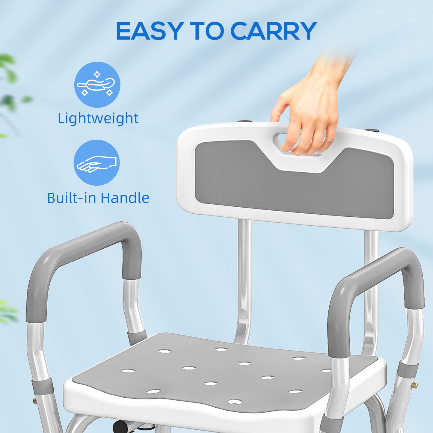 Padded Shower Stool with Arms and Back, 4 Suction Foot Pads, Grey
