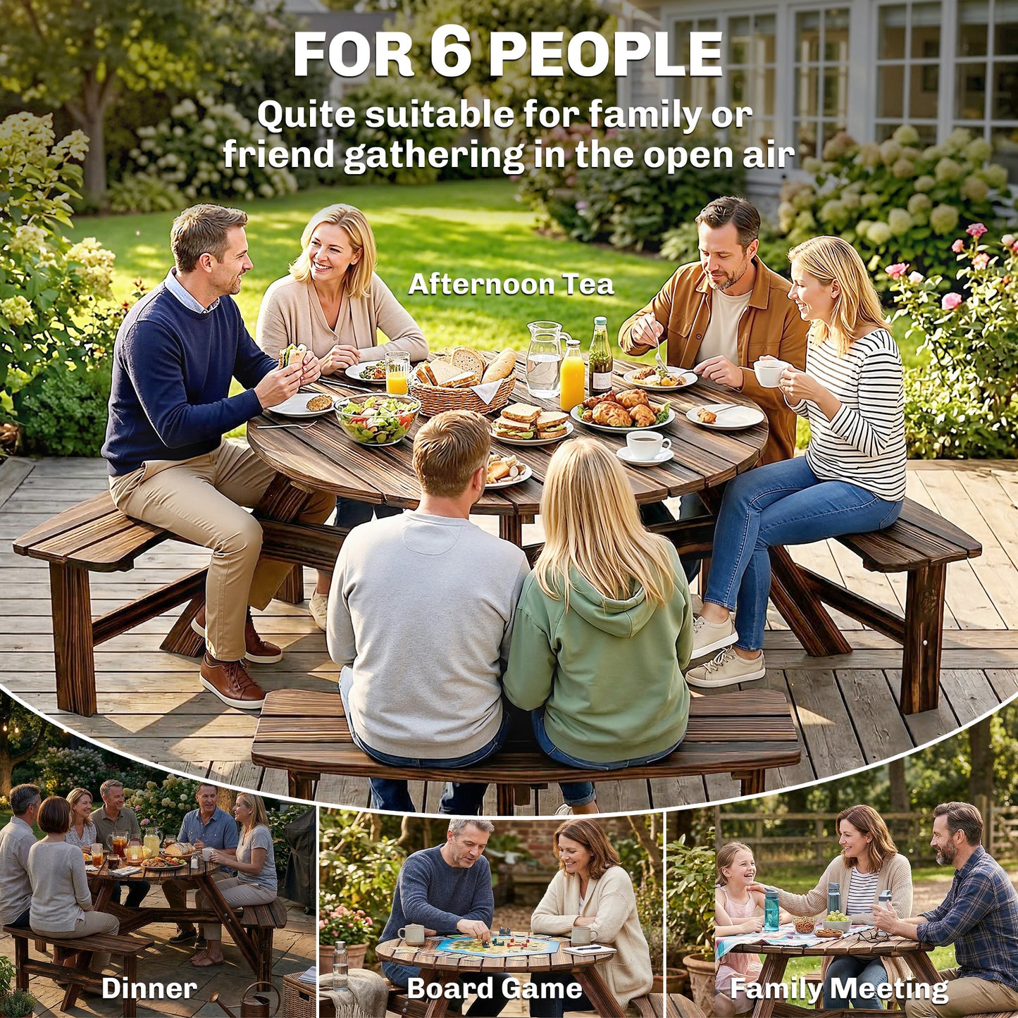 6 Person Fir Wood Table Bench Set Outdoor Garden Patio, Carbonized