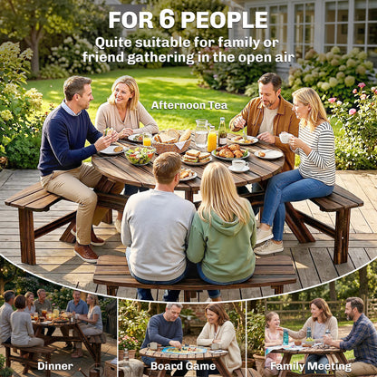 6 Person Fir Wood Table Bench Set Outdoor Garden Patio, Carbonized
