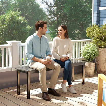 Metal Garden Bench Loveseat with Wood-Effect Slatted Seat, Grey