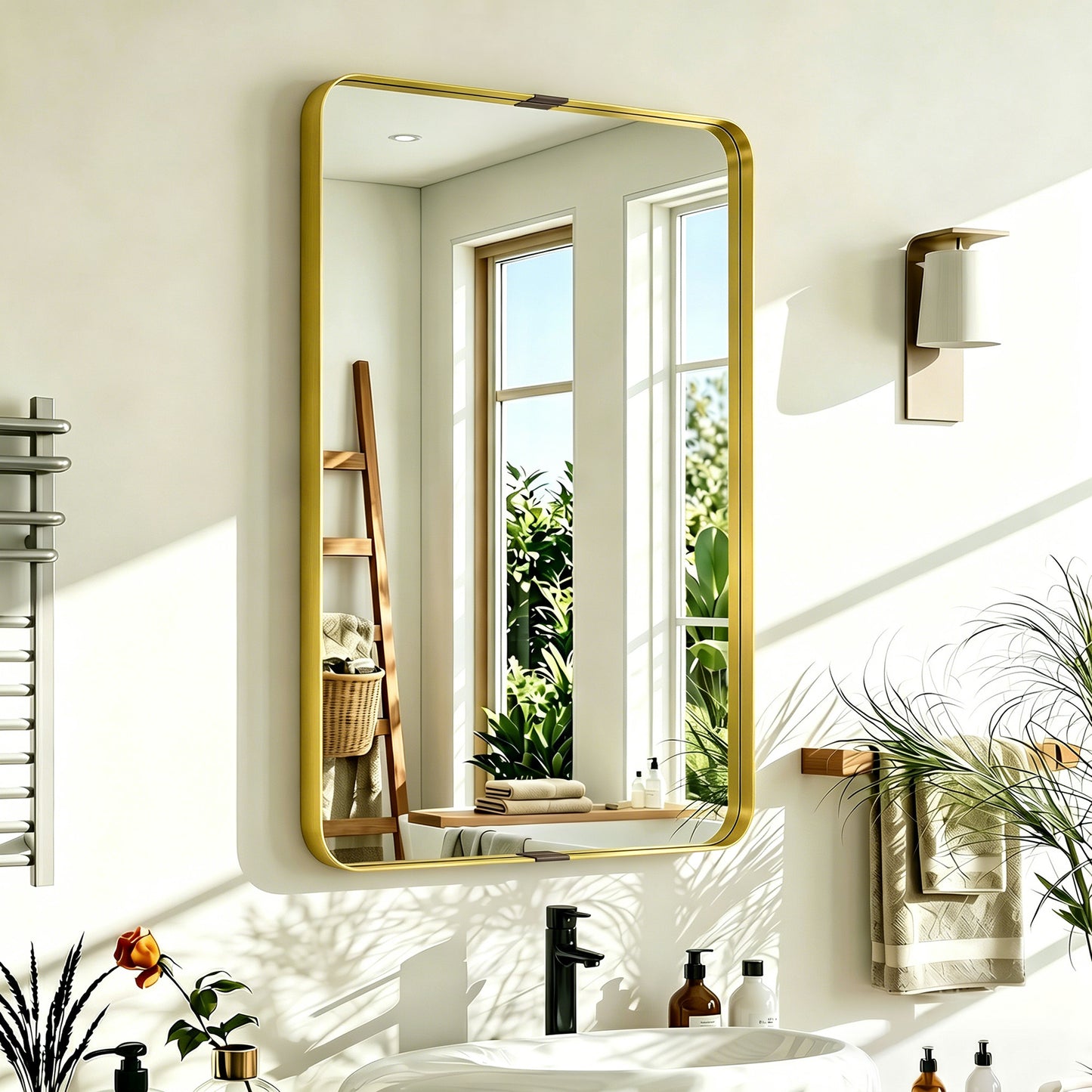 Wall Mirror with Elevated Aluminium Alloy Frame, 60 x 90 cm Bathroom Mirror with Tempered Glass for Living Room, Bedroom, Hallway, Gold Tone