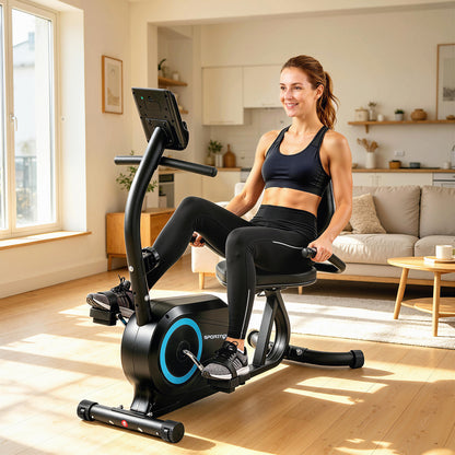 Recumbent Exercise Bike for Home, Indoor Stationary Bike for Seniors with Bluetooth, App Connectivity, 8-Level Magnetic Resistance, LCD Display, Pulse Sensors, Adjustable Seat and Wheels