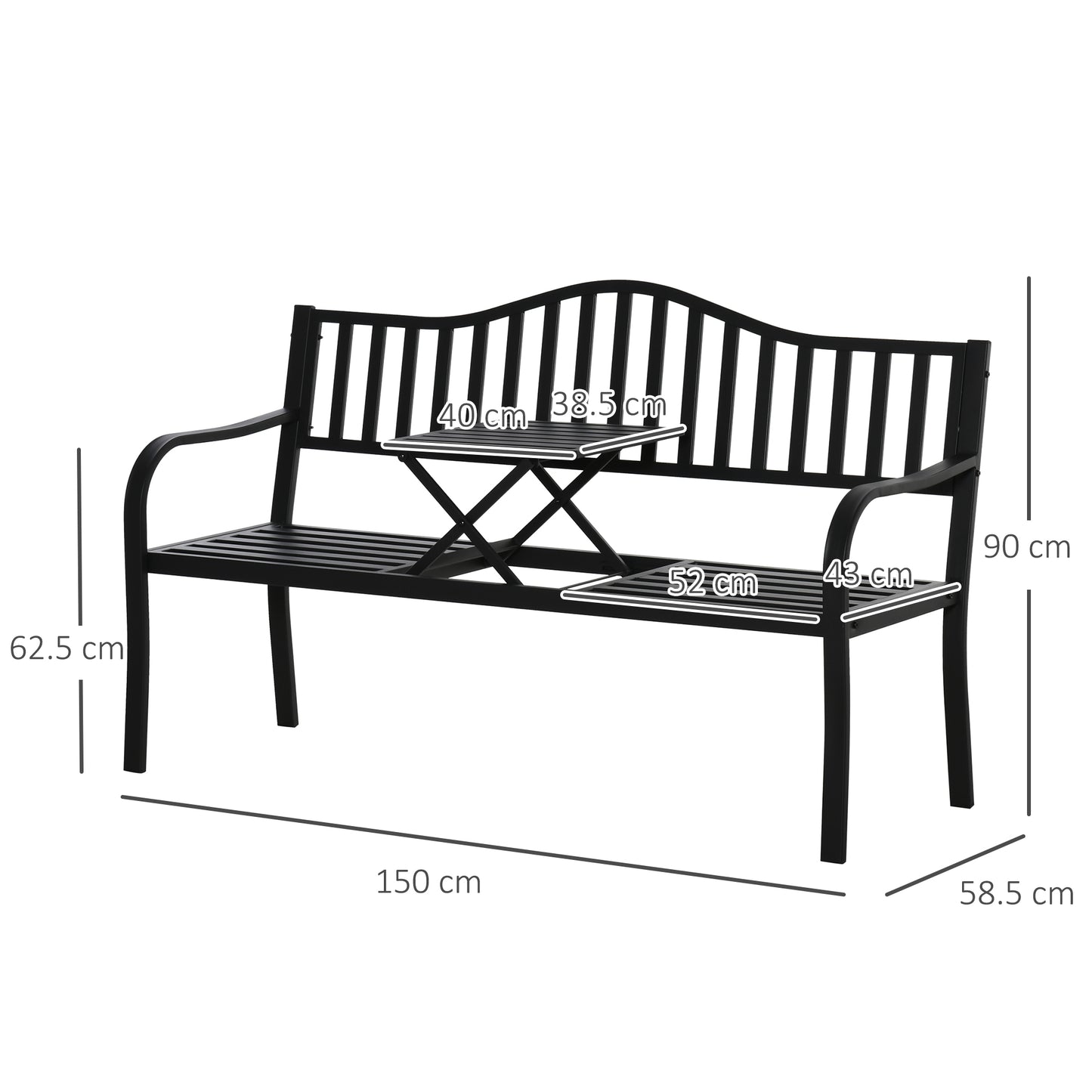 Outdoor Bench with Liftable Middle Table, Patio Loveseat, Black