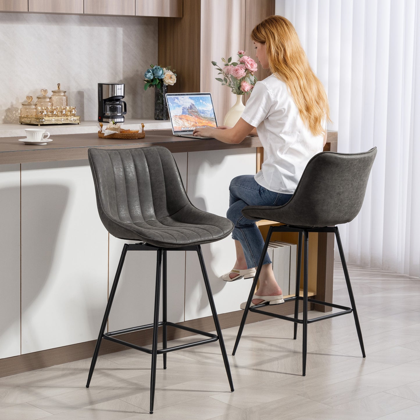 Swivel Bar Stools Set of 2, PU Leather Upholstered Bar Chairs, Grey