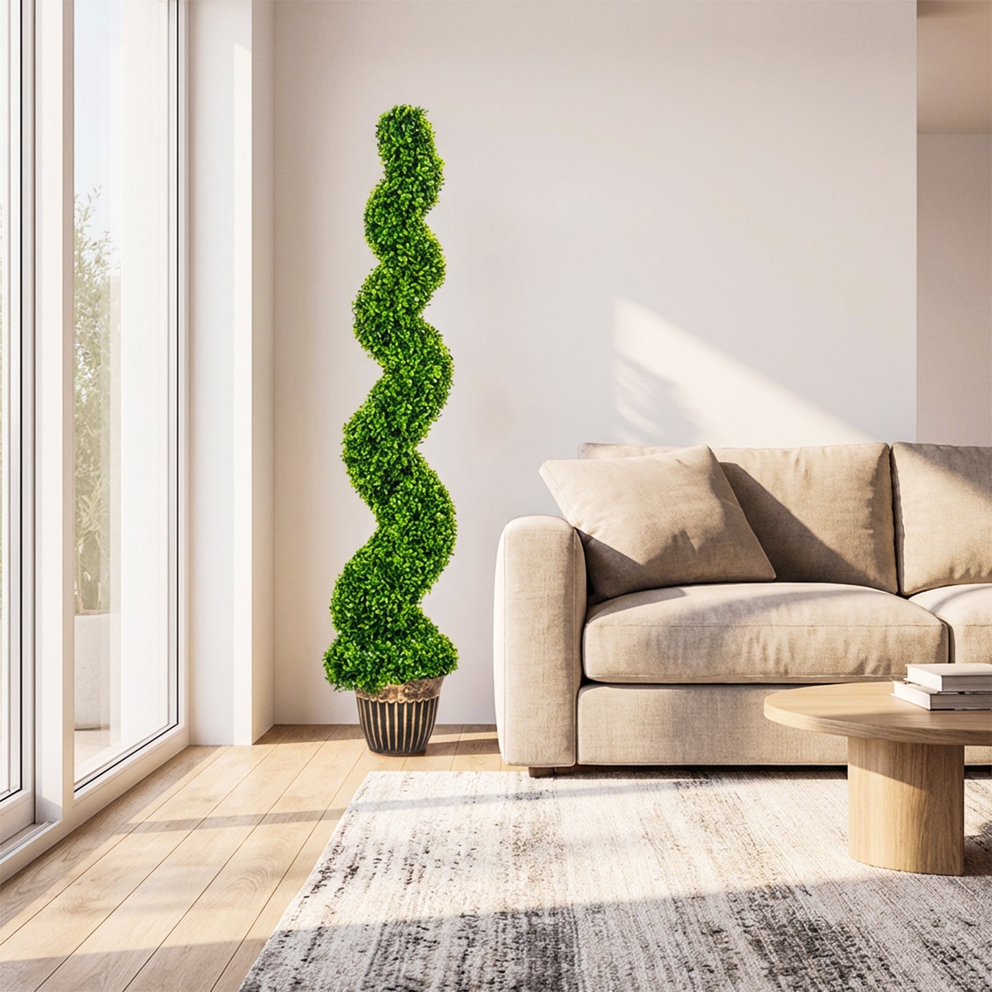 Set of 2 Potted Artificial Plants, Topiary Spiral Boxwood Trees