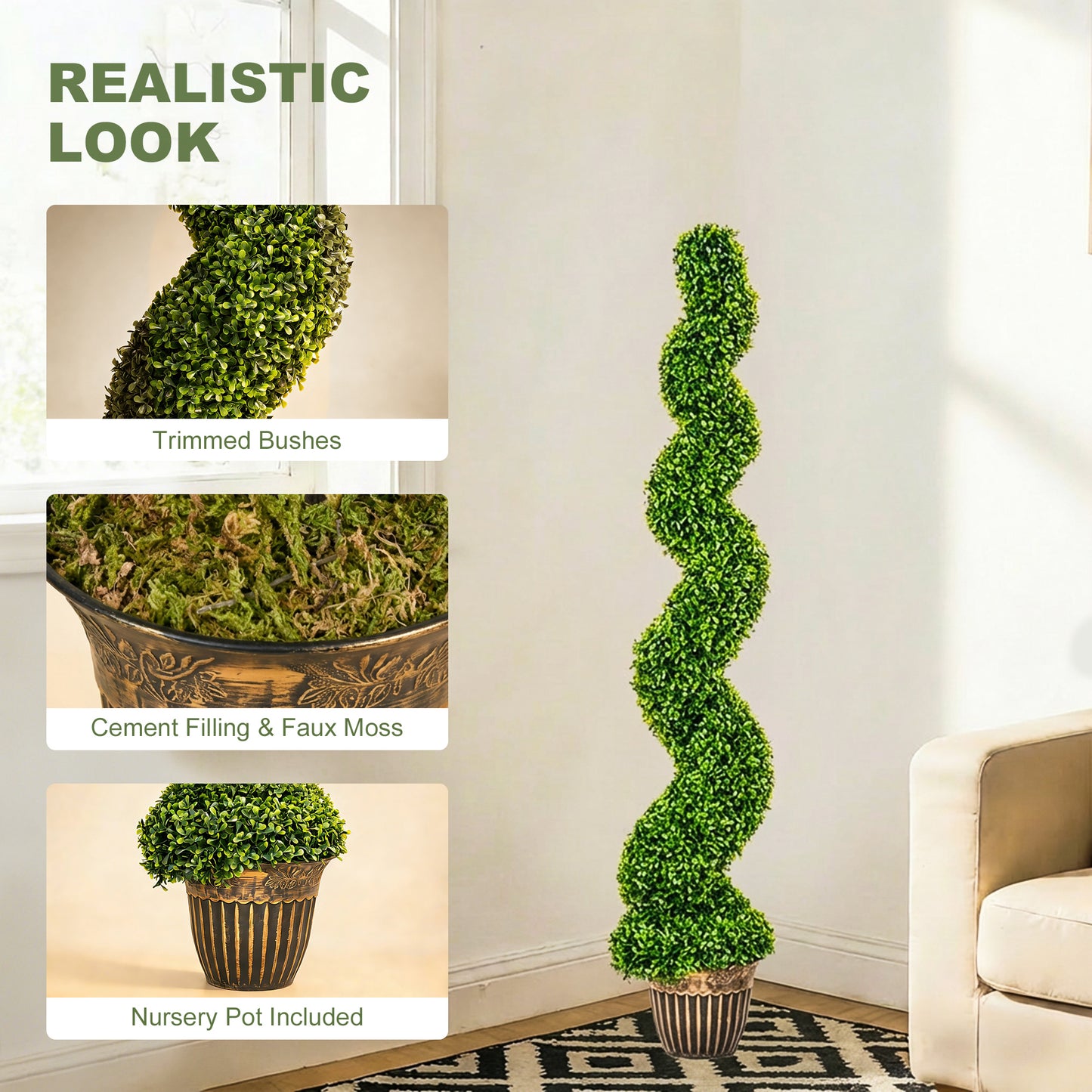 Set of 2 Potted Artificial Plants, Topiary Spiral Boxwood Trees
