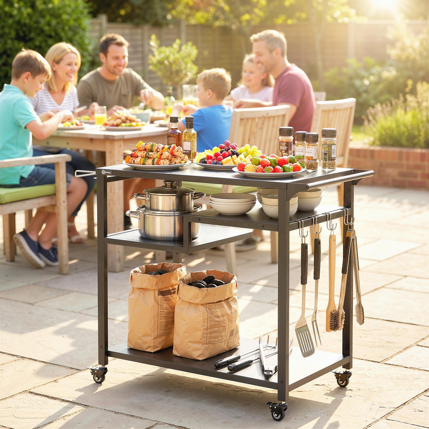 Outdoor Grill Cart, Movable Food Prep Table on Wheels, Black