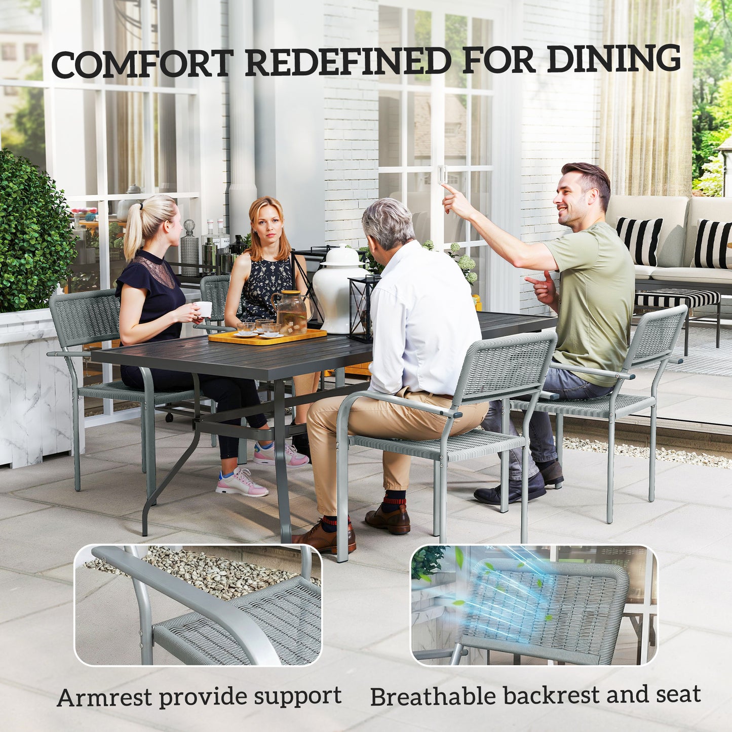 Garden Chairs Set of 4, Stackable & Rattan Effect, Light Grey