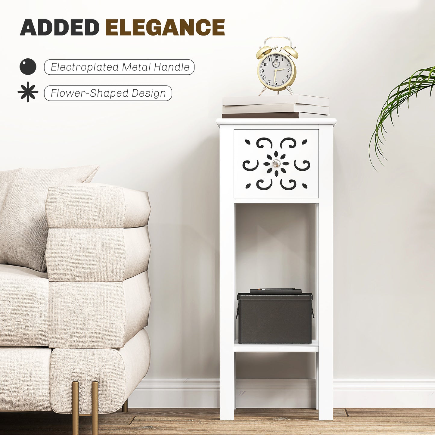 Bedside Table Set, End Table Set with Drawer and Storage Shelf, White