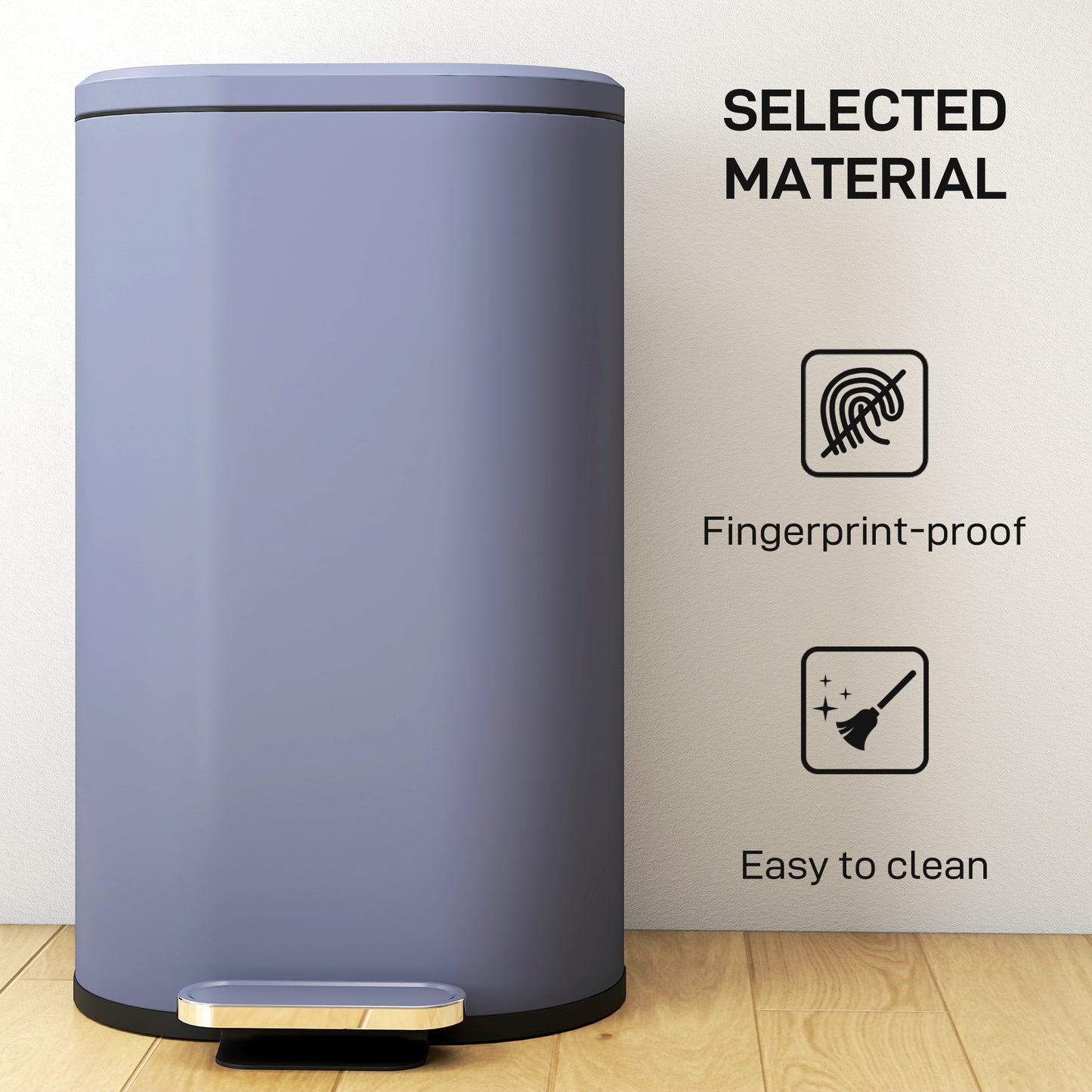 Slim Rectangular Pedal Bin with Soft-Close Lid, 30L Kitchen Bin, Grey