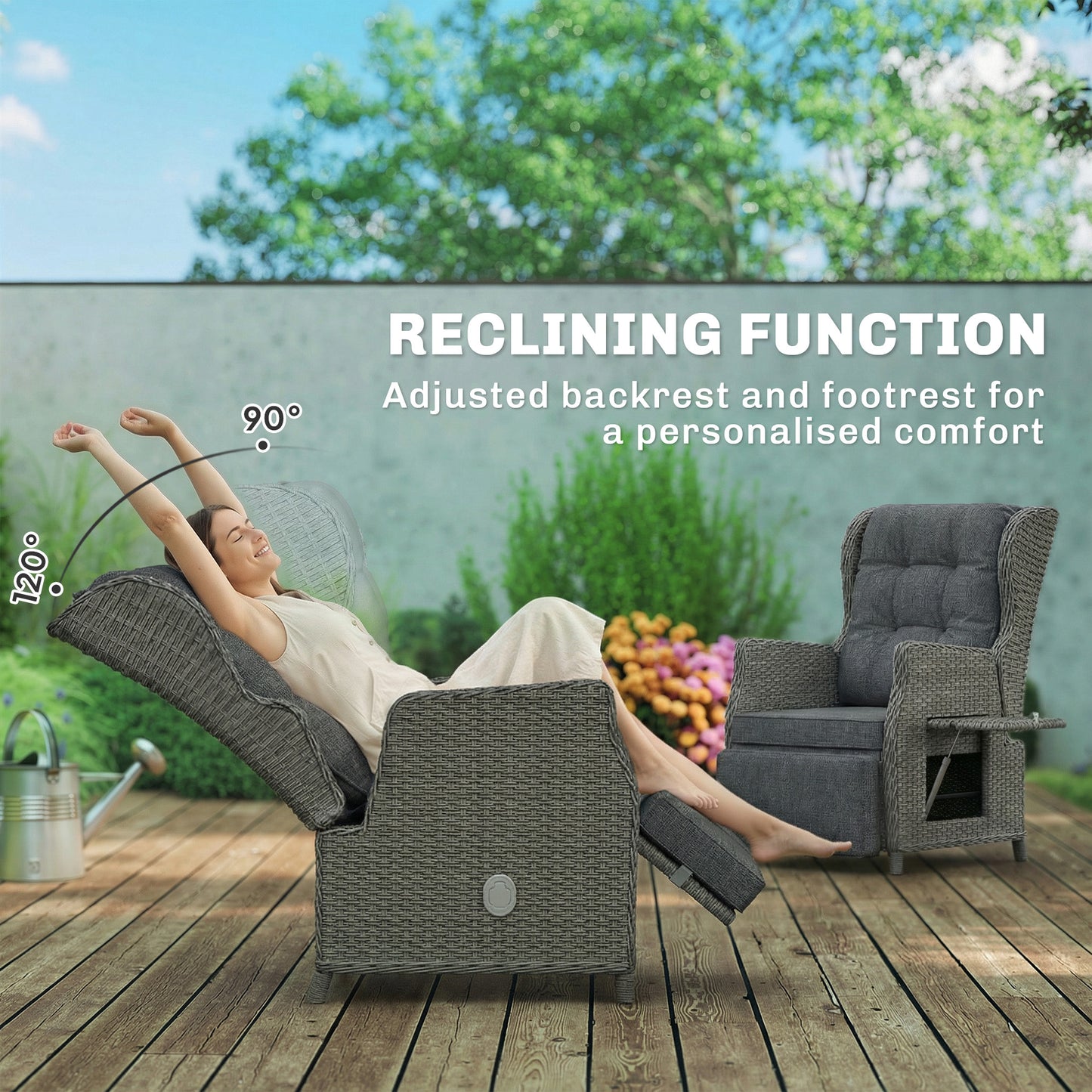 Rattan Garden Recliner Chair with Flip Table, Dark Grey