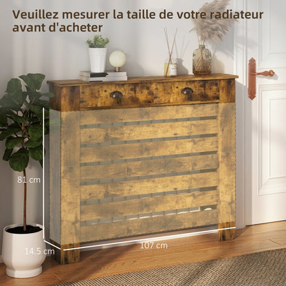 Radiator Cover with Drawer, Horizontal Slat, 111cm, Rustic Brown