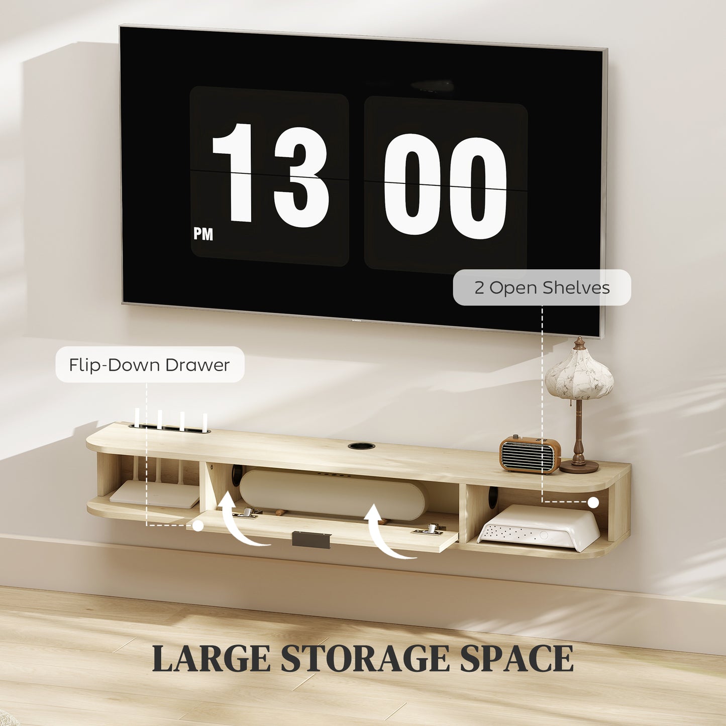 120 cm Floating TV Unit with Flip Drawer and Shelves, Natural