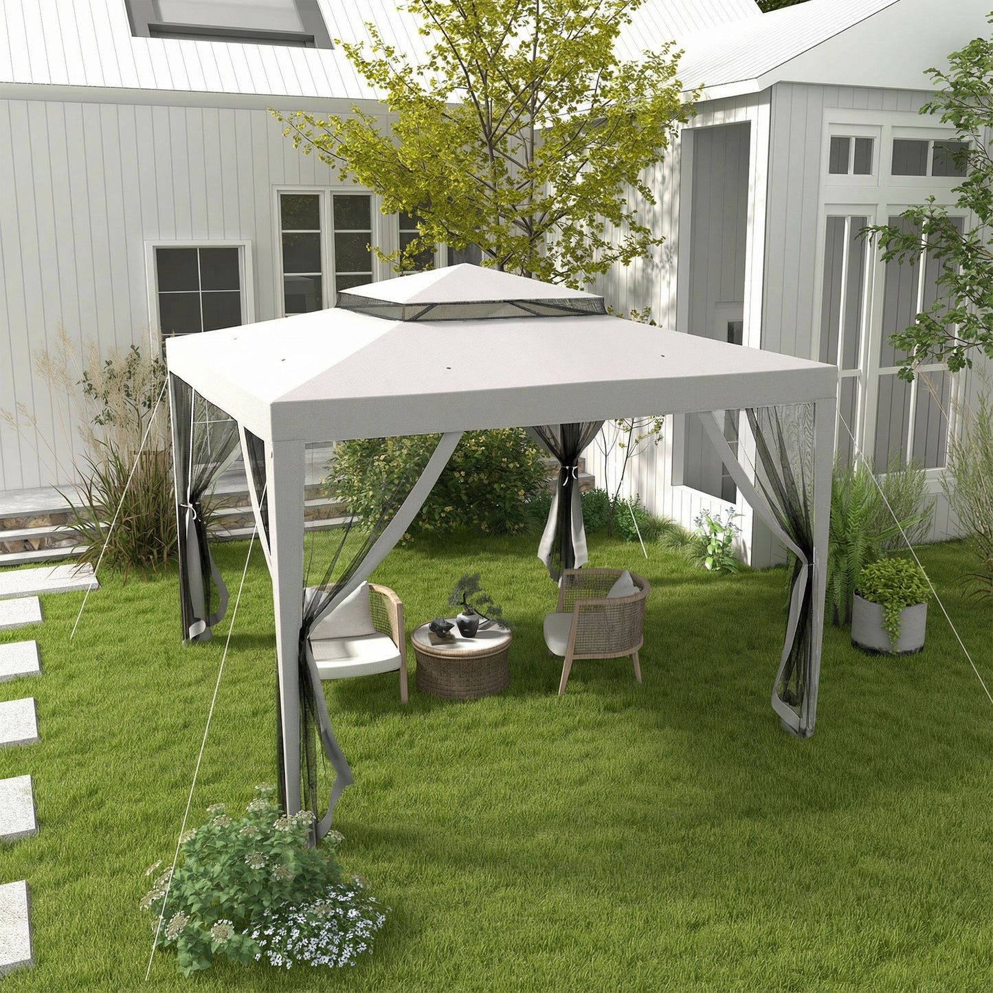 3 x 3 m Gazebo, Netting Party Tent w/ Double Tier Roof, Light Grey
