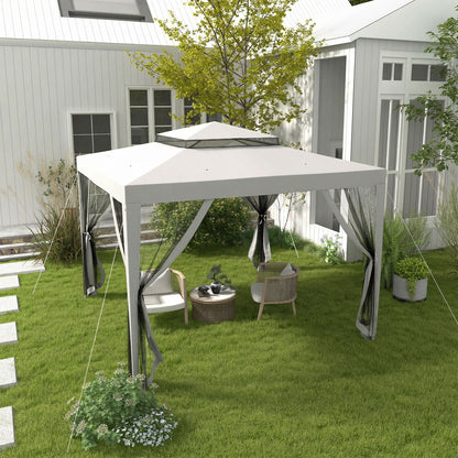 3 x 3 m Gazebo, Netting Party Tent w/ Double Tier Roof, Light Grey
