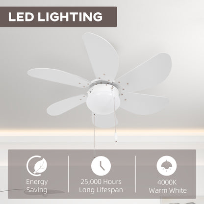 Ceiling Fan with LED Light, Flush Mount Ceiling Fan Lights with 6 Reversible Blades, Pull-chain Switch, White