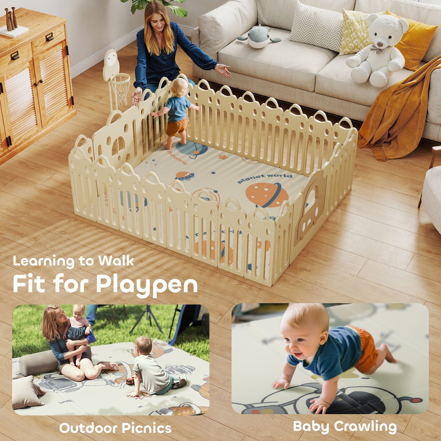 Baby Play Mat, Double Sided Crawling Mat, Astronaut & Planet Theme