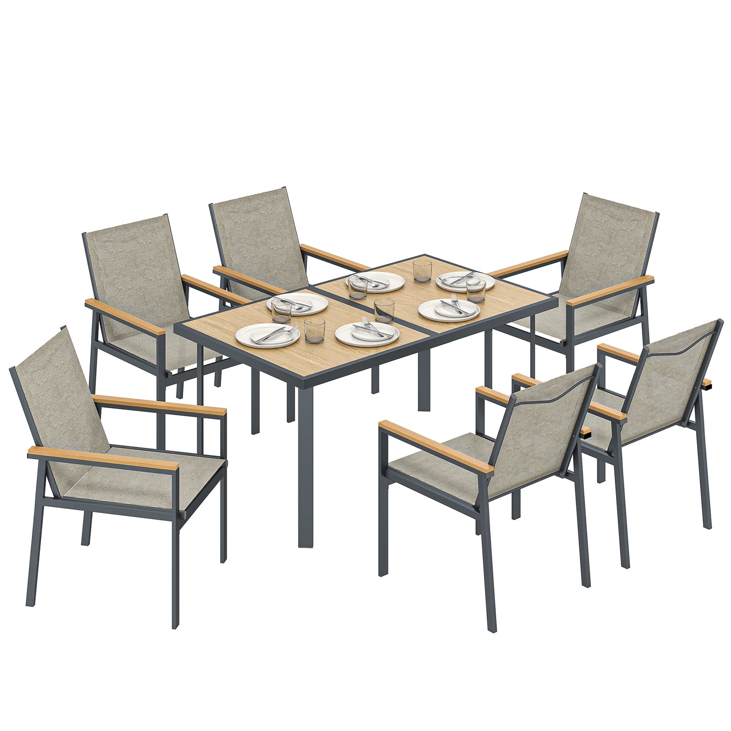 7 Piece Garden Dining Set, Outdoor Table and 6 Chairs, Khaki