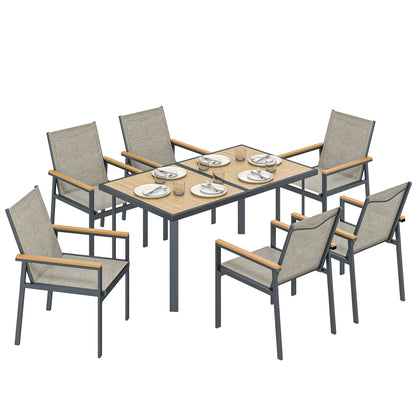 7 Piece Garden Dining Set, Outdoor Table and 6 Chairs, Khaki