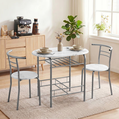 Dining Table and Chairs Set 3, Breakfast Bar Table and 2 Chairs with Storage Shelf, Marble-Effect Tabletop, Metal Frame, Dining Room Set for Living Room, Small Space, White