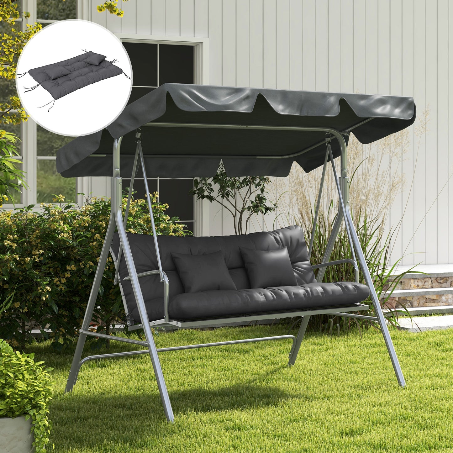 4-Piece Back and Seat Cushion Replacement with 2 Pillows, Patio Chair Cushions Set with Ties, Charcoal Grey