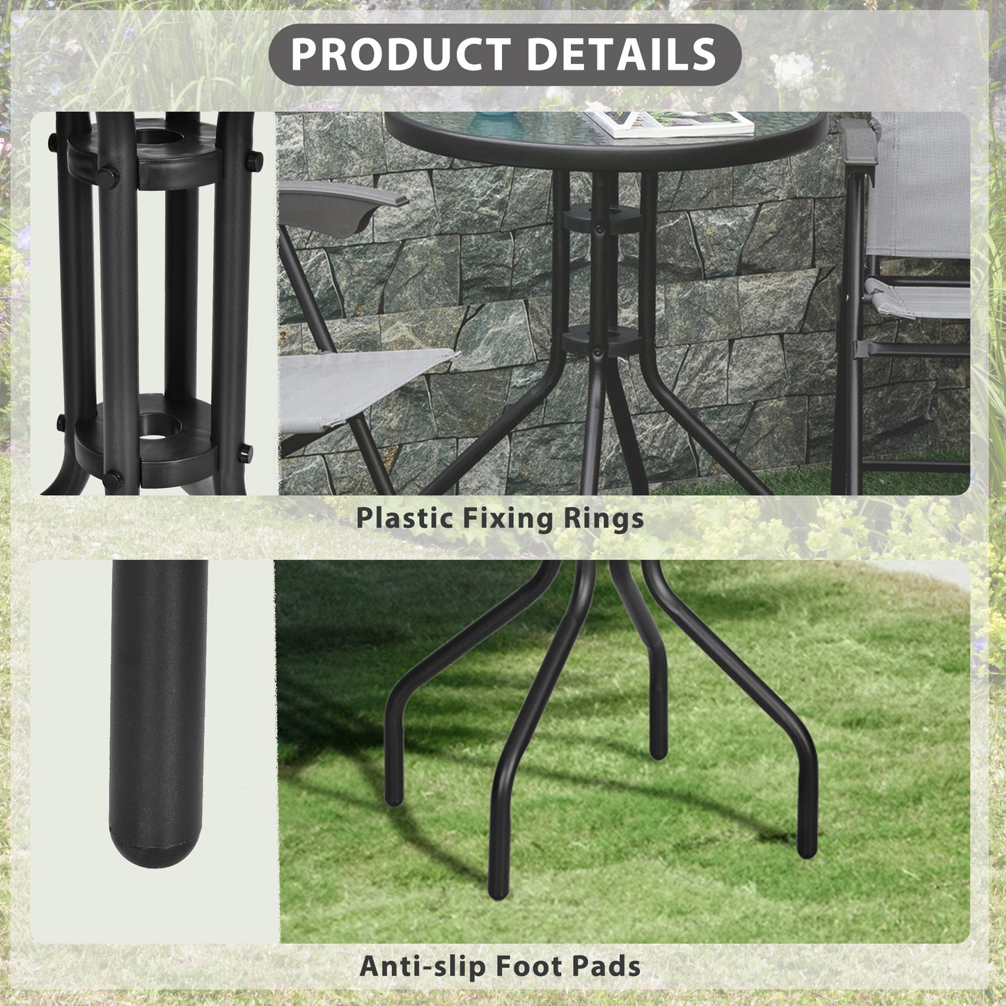 Φ60×70H cm Round Metal Table, Garden Table Tempered Glass-Black