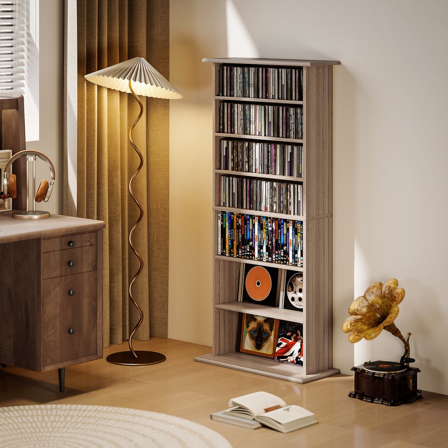 360 CD/185 DVD Storage Unit, 185 Blu-ray Media Storage Shelf with 8 Compartments and 6 Adjustable Shelves, CD Tower for Living Room, Bedroom, Office, Natural Wood Finish