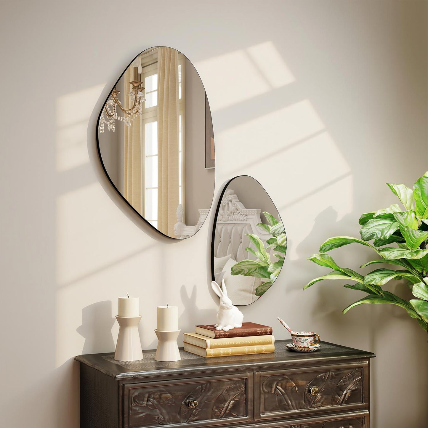 Pebble-Shaped Decorative Mirror, Set of 2 Wall Mirror, Black