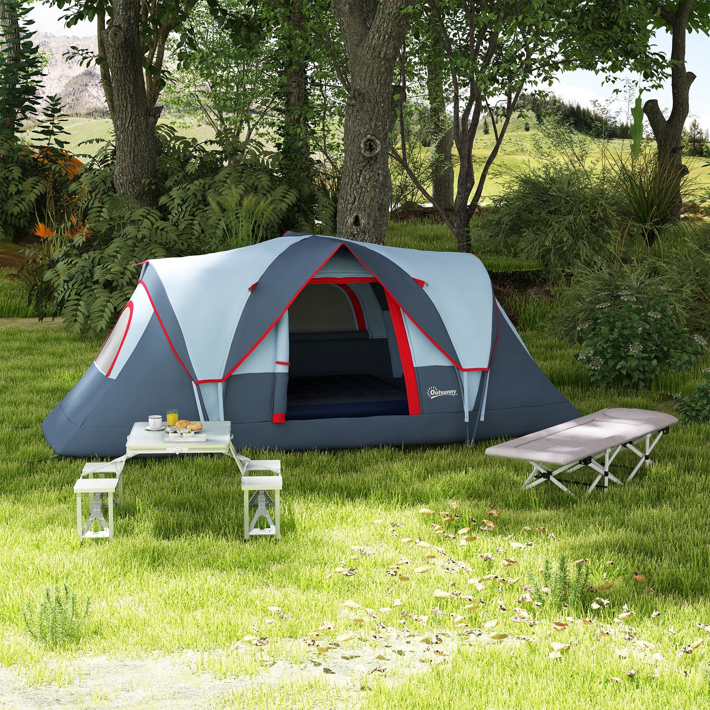 Folding Camping Picnic Table with 4 Seats and Umbrella Hole, Grey