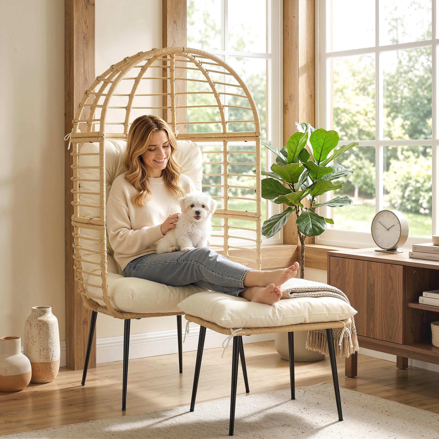 Standing Garden Egg Chair with Footstool, PE Rattan Outdoor Lounge Chair and Ottoman Set with Thick Cushions, Indoor Outdoor Egg Basket Seating for Patio Balcony Porch, Beige