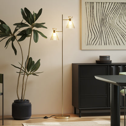 Standing Lamp with Adjustable Dual Head, Modern Floor Lamp, Gold Tone