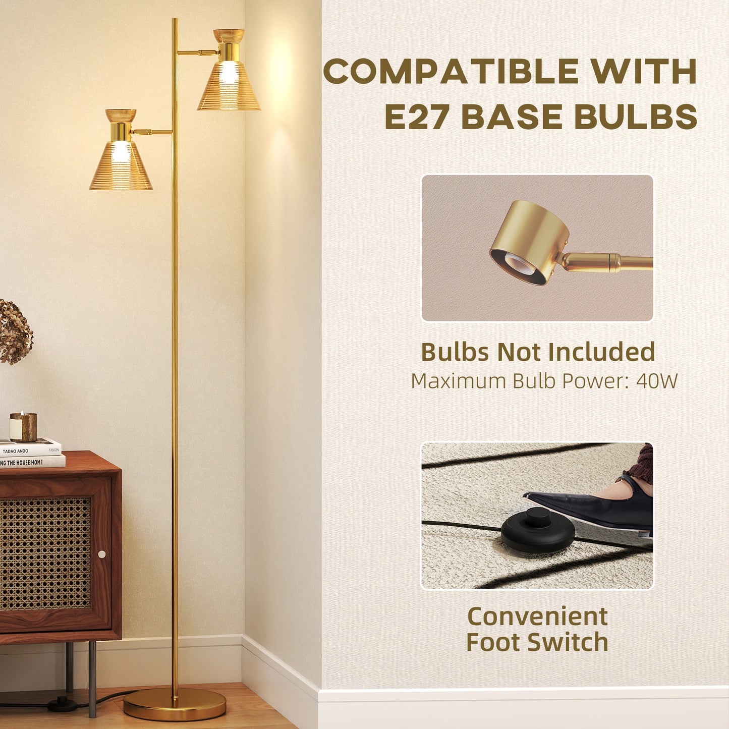 Standing Lamp with Adjustable Dual Head, Modern Floor Lamp, Gold Tone
