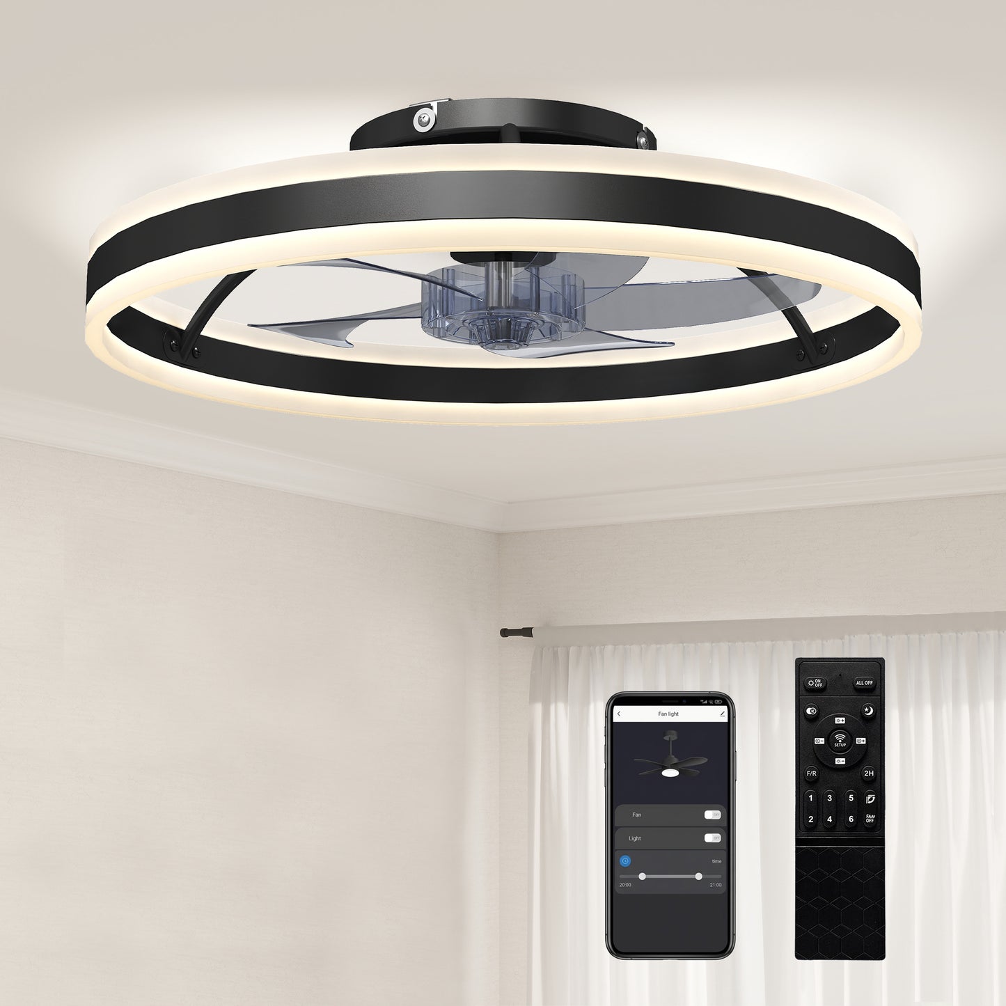 Ceiling Fan with Light and Remote, 3 Colour Temperatures, 50cm, Black