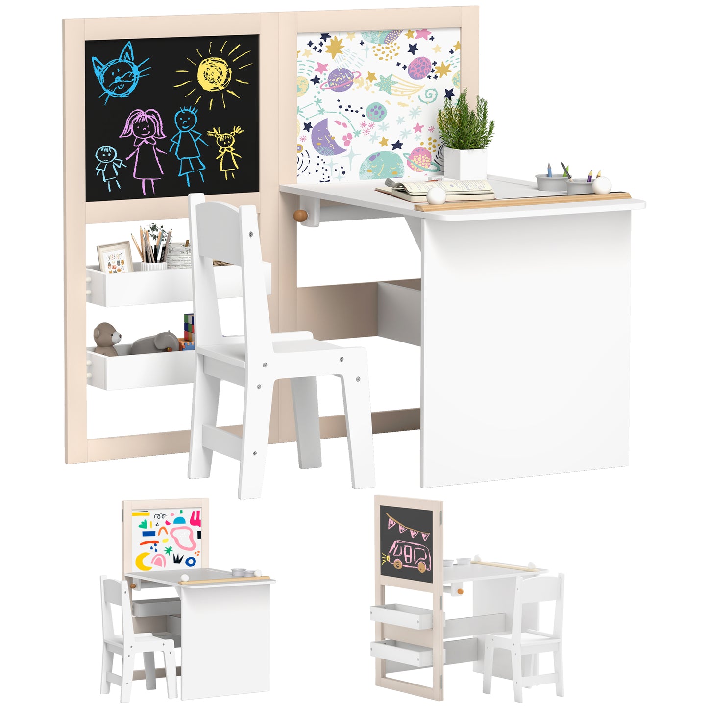 3 in 1 Kids Table and Chair Set with Whiteboard and Blackboard