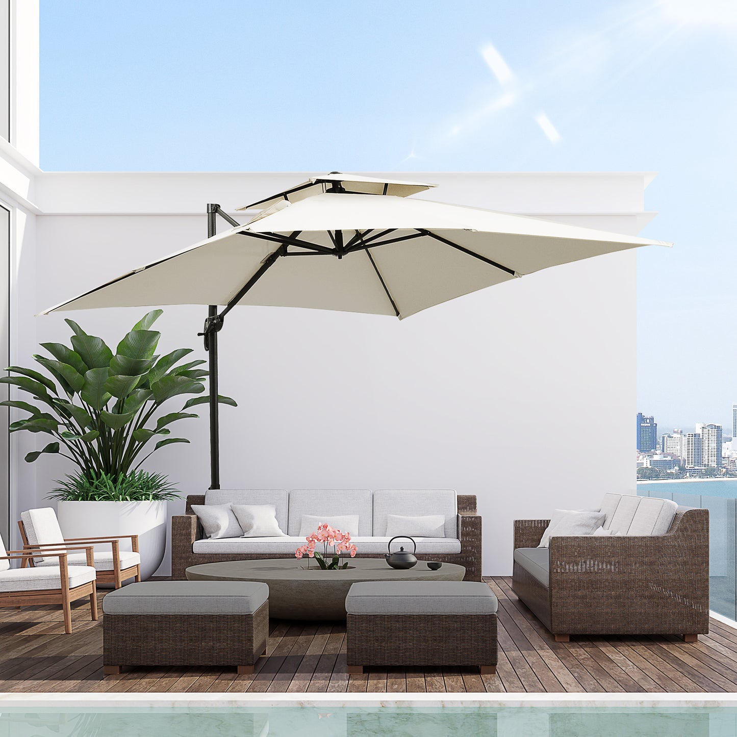 360° Cantilever Parasol Roma Umbrella w/ Base Weights, Beige