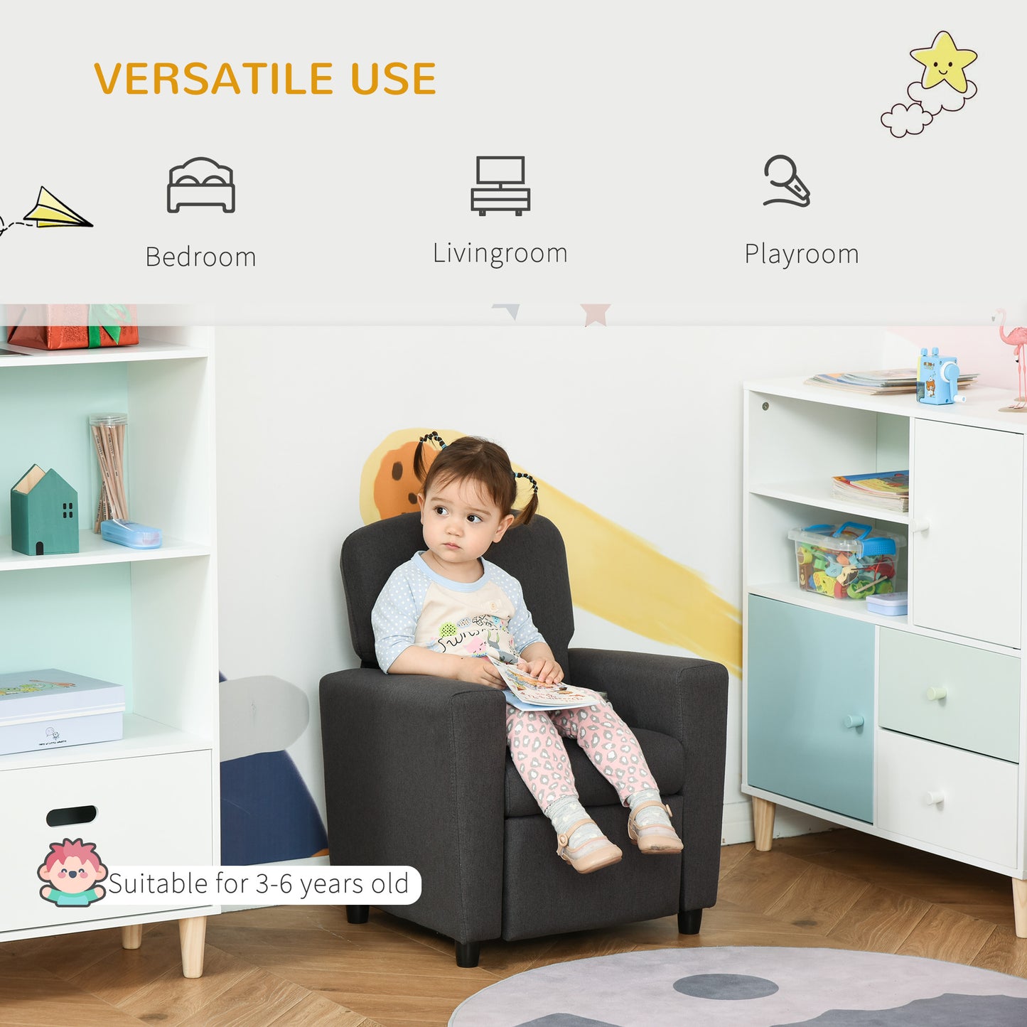 Kids Sofa with Footrest Linen Recliner Armchair Playroom Bedroom Grey