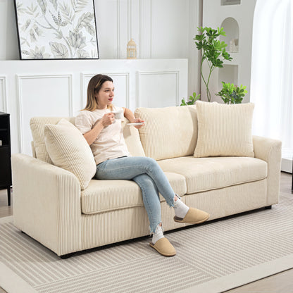 Modern 3 Seater Sofa with Spring Cushion, Upholstered Corduroy Settee for Living Room, Cream