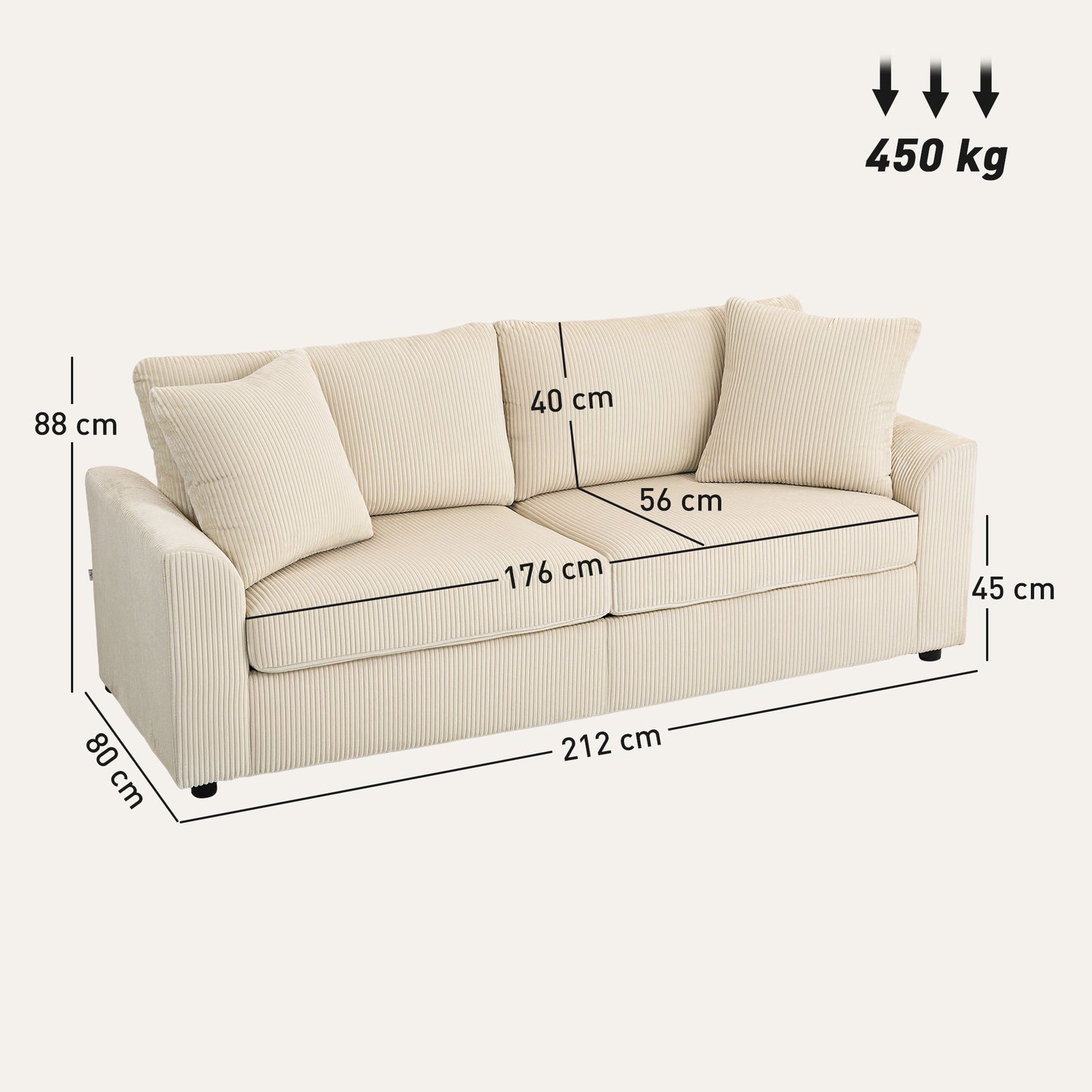 Modern 3 Seater Sofa with Spring Cushion, Upholstered Corduroy Settee for Living Room, Cream