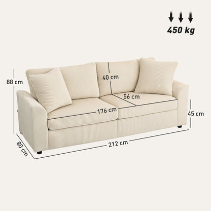 Modern 3 Seater Sofa with Spring Cushion, Upholstered Corduroy Settee for Living Room, Cream