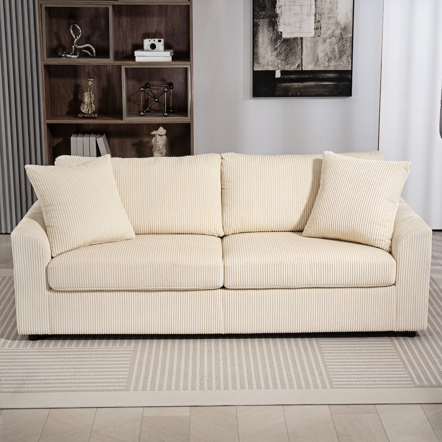 Modern 3 Seater Sofa with Spring Cushion, Upholstered Corduroy Settee for Living Room, Cream
