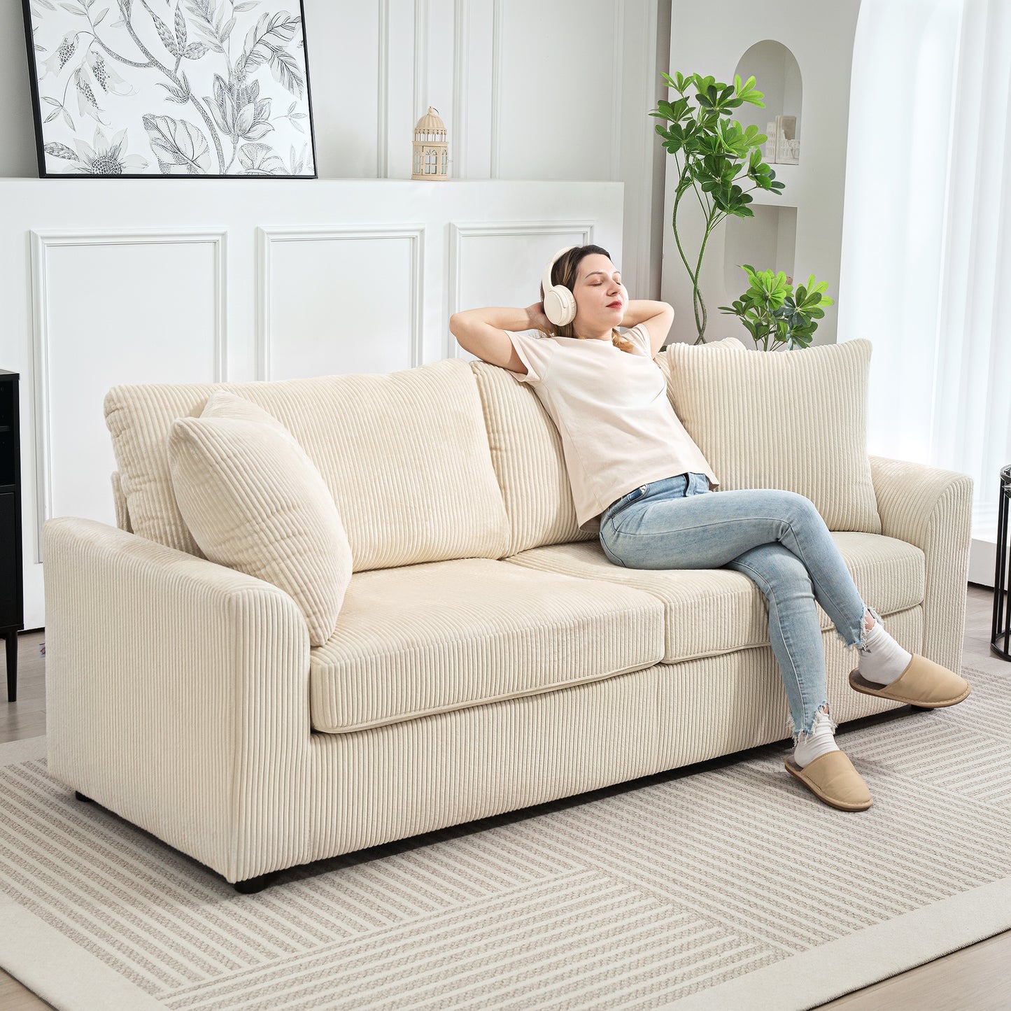 Modern 3 Seater Sofa with Spring Cushion, Upholstered Corduroy Settee for Living Room, Cream