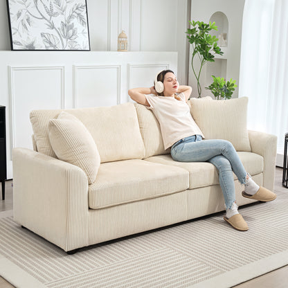 Modern 3 Seater Sofa with Spring Cushion, Upholstered Corduroy Settee for Living Room, Cream
