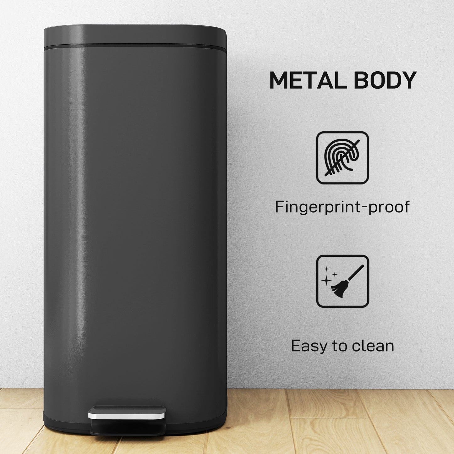 30L Kitchen Bin, Pedal Bin with Lid, Removable Inner Bucket, Black