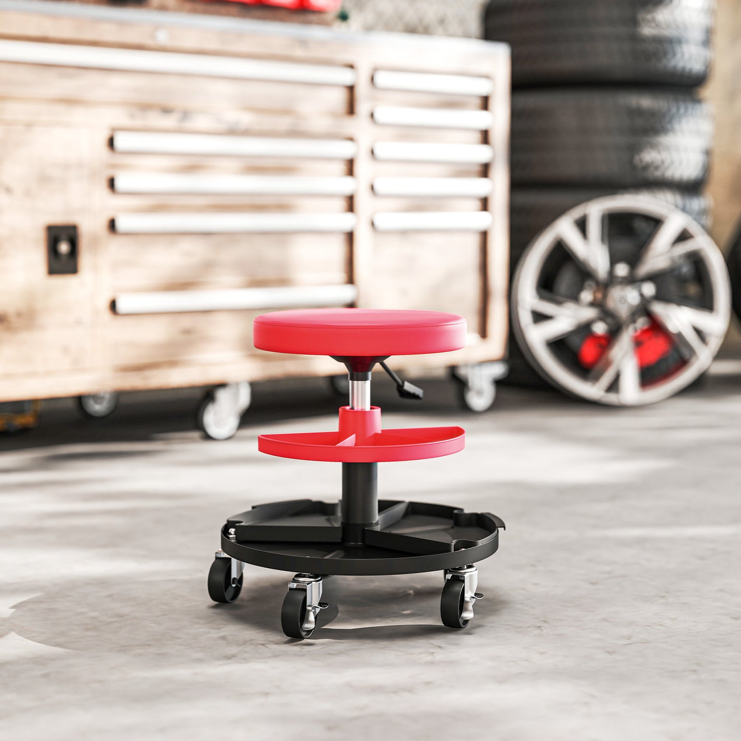 Rolling Mechanic Stool, 135kg Capacity Workshop Stool, Red